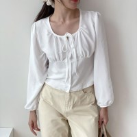 여자 가을 리본 유넥 셔링 크롭 블라우스