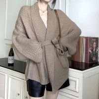 여자 겨울 로브 와플 루즈핏 니트 가디건