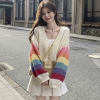 배색 레인보우 여성 가디건