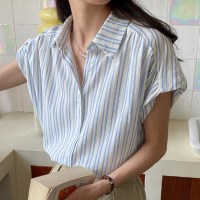 여자 클래식 줄지 핀턱 하늘색 블라우스 셔츠