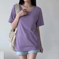 소프트 퍼플 라운드넥 반팔 무지 스판 여성 여름 티셔츠