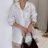 가을 데일리 시어서커 스트라이프 후드 루즈핏 셔츠