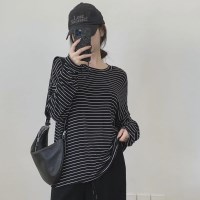 여자 루즈핏 라운드넥 단가라 스판 긴팔티