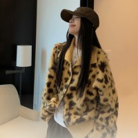 여성 가을 겨울 레오파드 앙고라 가디건