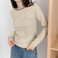 여자 캐주얼 기모 스트라이프 라운드넥 긴팔티