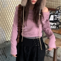 체스트 스트라이프 스트링 오프숄더 긴팔 겨울 티셔츠