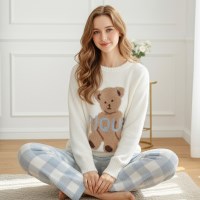 에르빌 겨울 여성 곰돌이 극세사 체크 수면 잠옷 기모 파자마 홈웨어