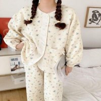 [홍은]빈티지 꽃무늬 패딩 잠옷 여성 가을과 겨울 두꺼운 정장 공주