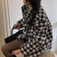 여자 겨울점퍼 하이넥 버튼 소프트퍼 체크 자켓