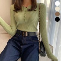 [홍은]골지 니트 티 긴팔티 슬림핏 날씬해보이는 여자 버튼