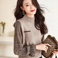 여성 봄 체크 패치워크 오피스룩 니트탑