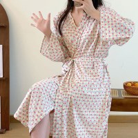 상큼 간절기 봄 가을 얇은 로브 체크 하트 롱 샤워 잠옷 가운