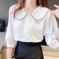 [홍은]여성 반팔 데이트 블라우스 둥근카라 러블리 출퇴근 7부 회사