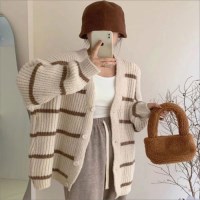 [홍은]단가라 파스텔톤 여성가디건 아우터 니트 미디기장 3색
