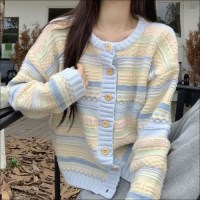 [홍은]스트라이프 니트 여자 라운드넥 가디건 파스텔톤 배색 귀여운