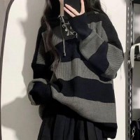 [홍은]루즈핏 배색 스트라이프 후드 니트티핏 패턴 캐주얼 스타일 편