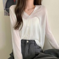 [홍은]바캉스룩 여름 브이넥 시원한 니트 가디건 긴팔 아우터 베이직