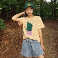 스트라이프 펄 귀여운 선인장 슬라브면 여름 반팔 티셔츠