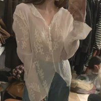 여성 봄 여름 데일리 리프 자수 양면 블라우스