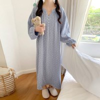 여자 가을 면 진주브이넥 긴팔 원피스잠옷 파자마 10HO0048