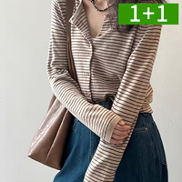 1+1 베이직 여성 스트라이프 라운드넥 긴팔 니트 가디건
