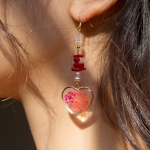 red flower heart drop earrings