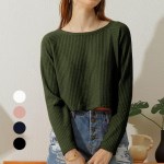 여자 긴팔 라운드넥 크롭 스웨터 오버핏 캐주얼 폴리 오피스