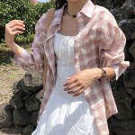 모이 빈티지 오버핏 박시핏 체크 셔츠 여름 긴팔 남방 2 color
