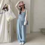 여성 와이드 점프수트 데일리 데님 오버롤 바지 캐주얼 멜빵 팬츠
