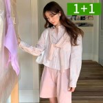 1+1 여성 베이직 스트라이프 셔츠 루즈핏 데일리 긴팔 카라 셔츠 남