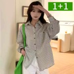1+1 여성 면 봄 간절기 체크 남방 캐주얼 루즈핏 긴팔 셔츠