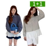 1+1 여성 배색 프릴 체크 셔츠 긴팔 루즈핏 셔츠 남방