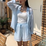 투피스 셋업 긴팔 셔츠 밴딩 반바지 여름 데일리 세트