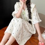 블루 플라워 반팔 원피스 잠옷 홈웨어 파자마