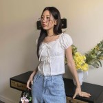 여자 퍼프 프릴 리본 스트랩 코튼 블라우스