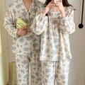 면100 뜨왈 아사면 긴팔 봄 긴팔 플라워 파자마 잠옷 세트