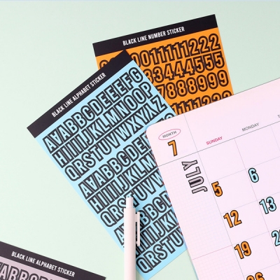 블랙라인 알파벳, 숫자 스티커 12가지 컬러 세트