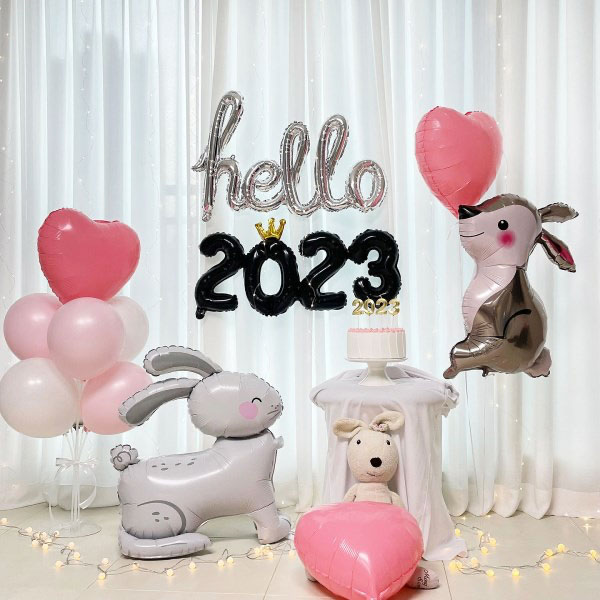 신년 새해 파티 헬로우 2024 토끼 핑크 풍선 세트