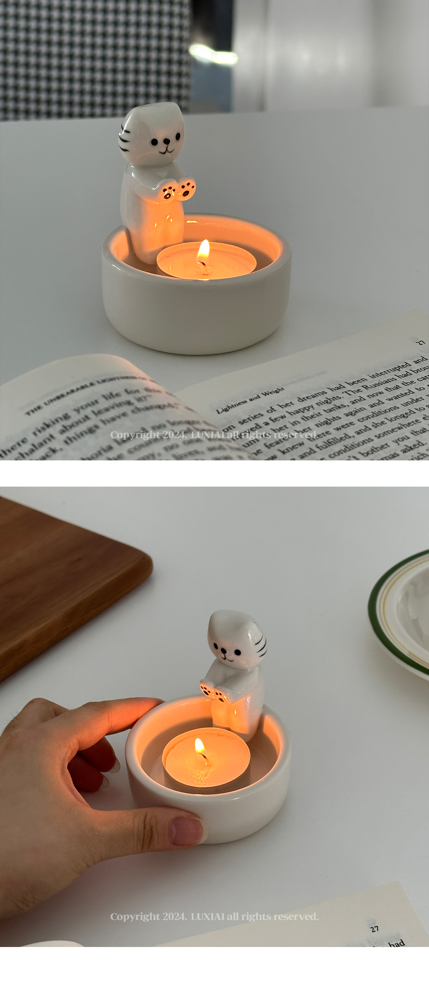불멍 고양이 캔들 홀더 도자기 촛대 트레이 향초 인테리어 오브제 상세 이미지 7