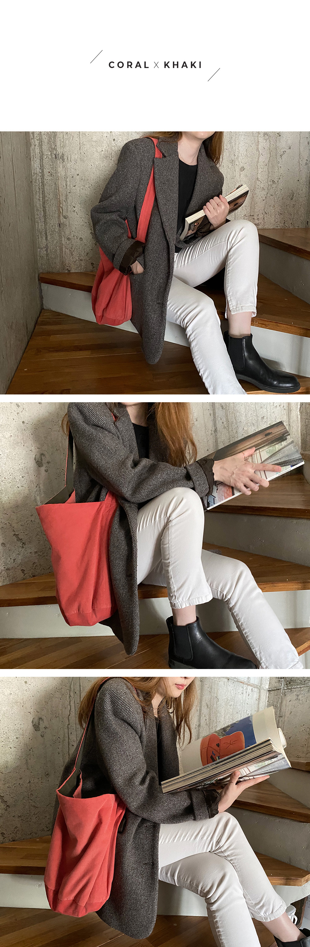 [Soora] Reversible Corduroy Ecobag (Coral/Khaki) 상세 이미지 2