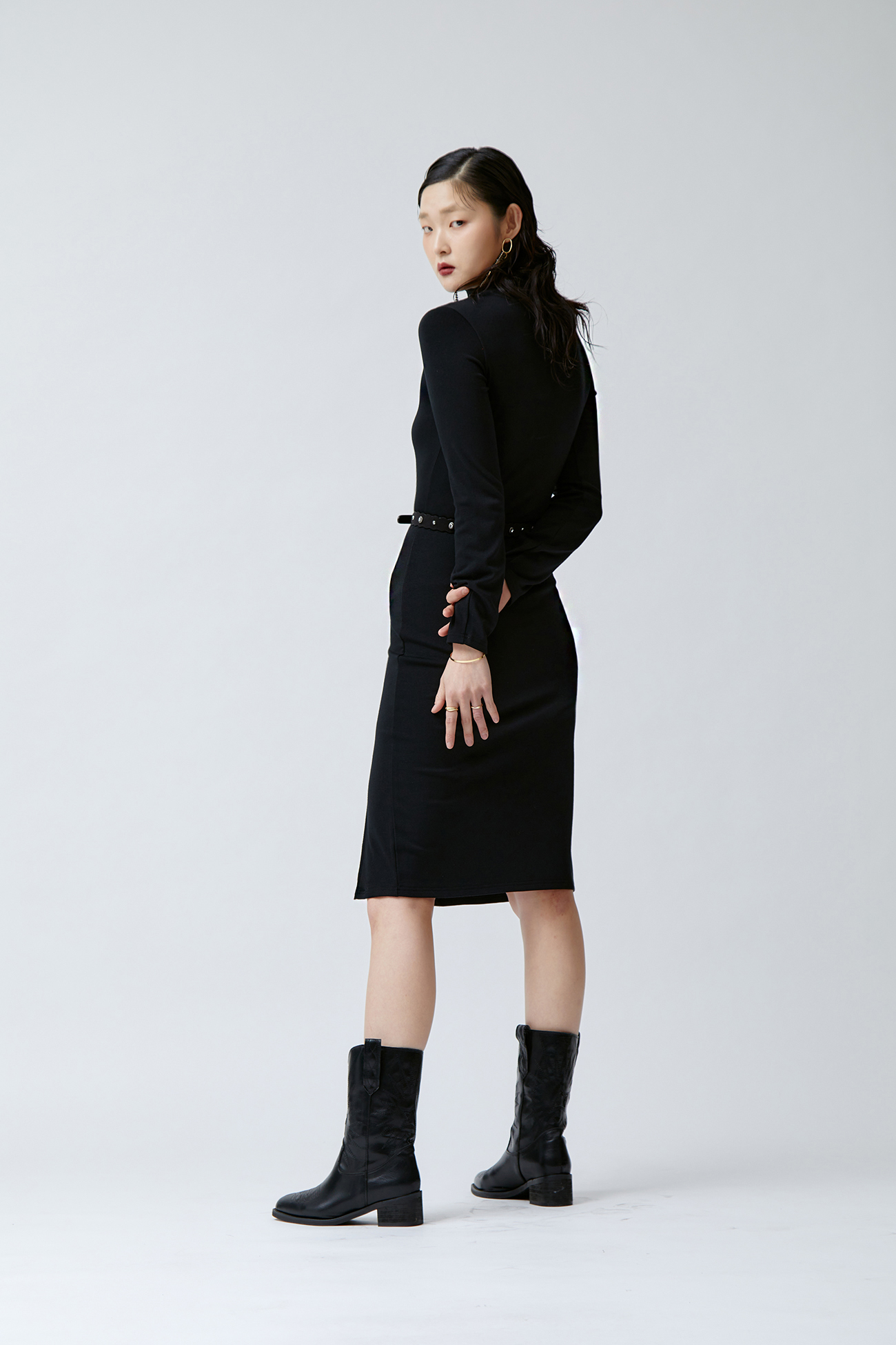 터틀넥 섹시 트임 슬림 블랙 원피스 상세 이미지 5