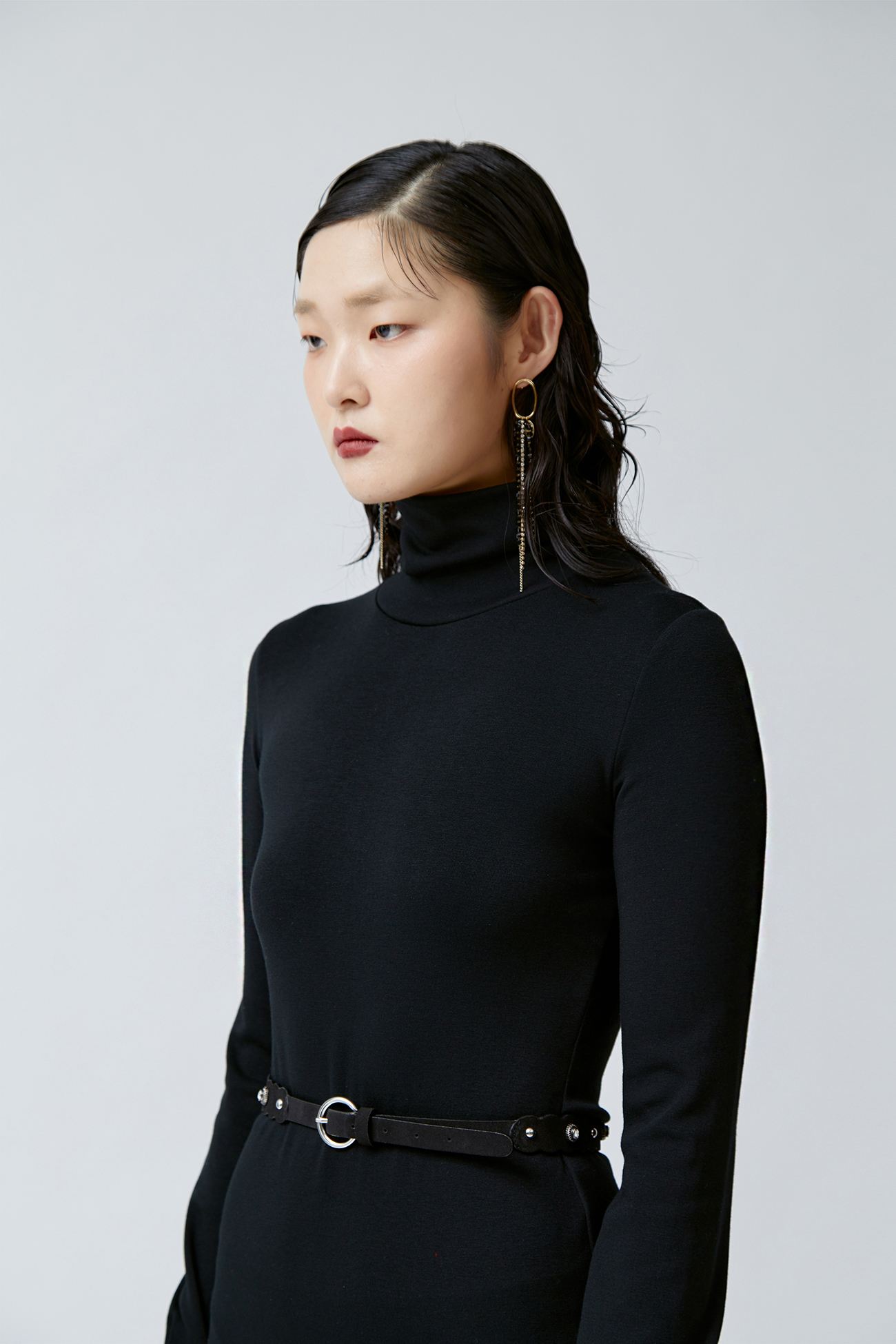 터틀넥 섹시 트임 슬림 블랙 원피스 상세 이미지 6