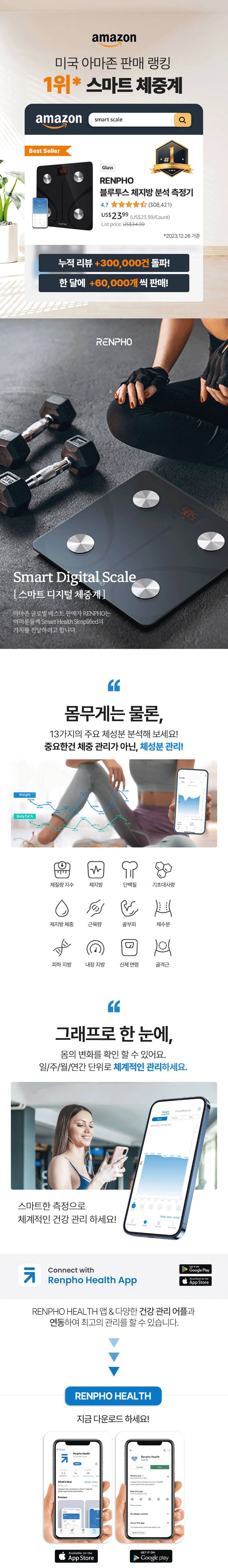 렌포 디지털 스마트 체중계 (블랙) 상세 이미지 1