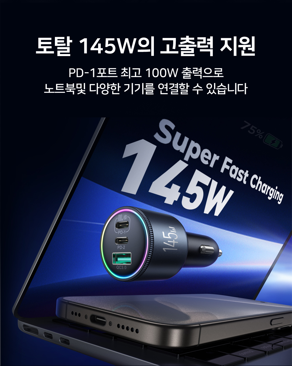 조이룸 3포트 145W 100W 차량용 초고속 충전기 QC4.0 상세 이미지 3