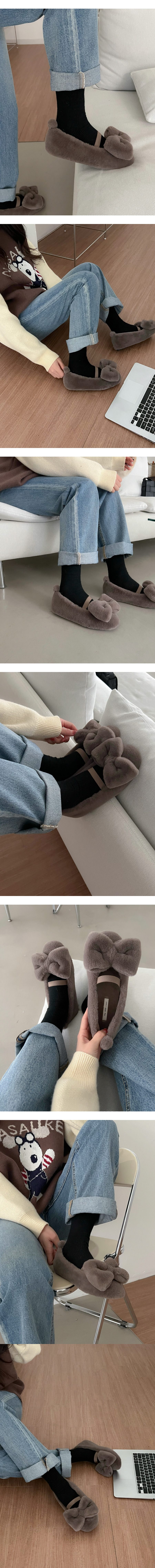 페이크 밍크퍼 리본 플랫 슈즈 상세 이미지 2