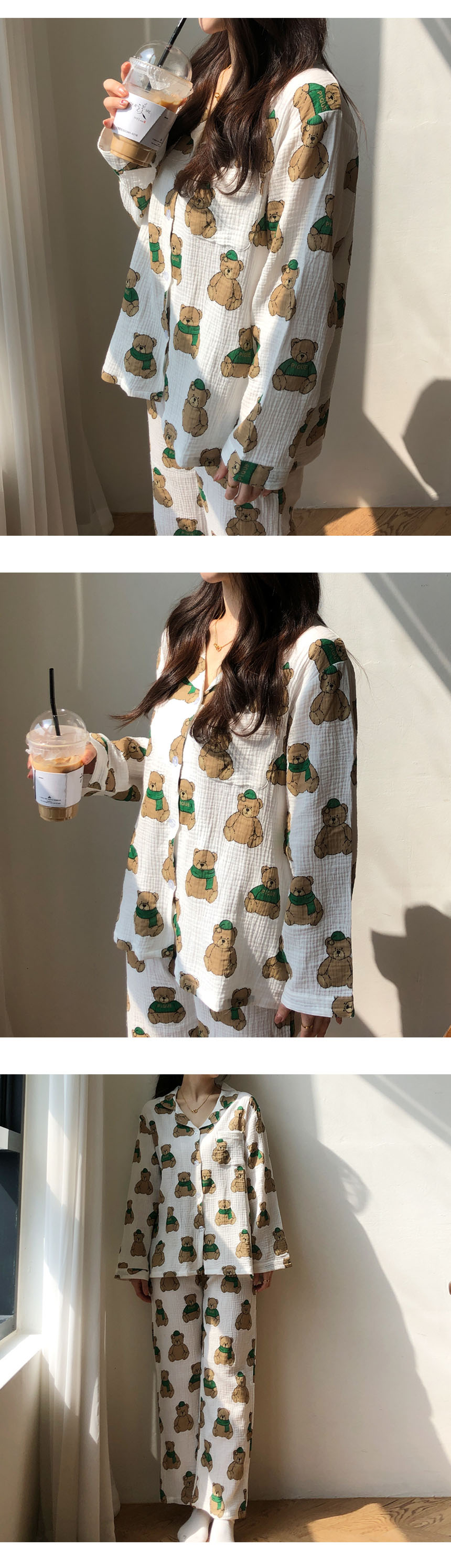 거즈면 100% 곰돌이 순면 긴팔 데일리 잠옷 파자마 상세 이미지 3