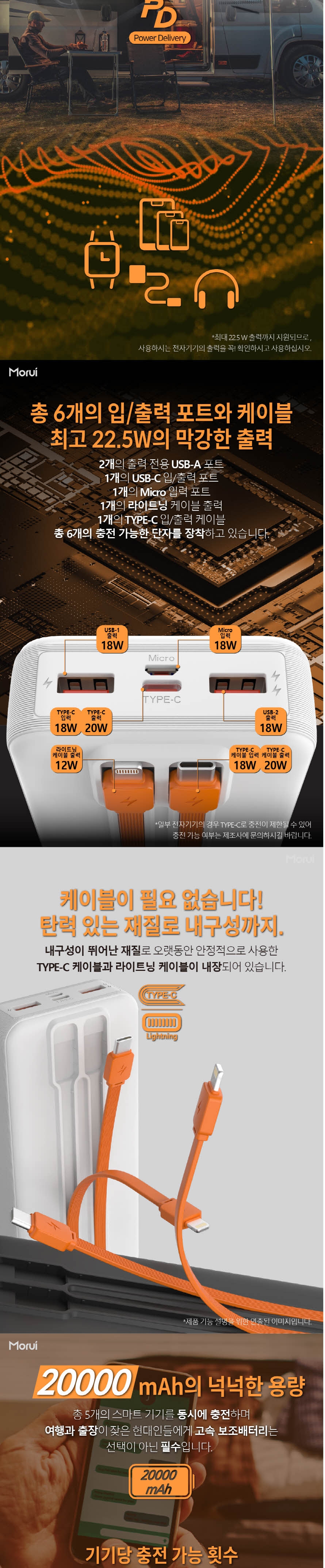 모루이 S7-PL 22.5W PD 20000mAh 케이블 일체형 대용량 보조배터리 상세 이미지 2