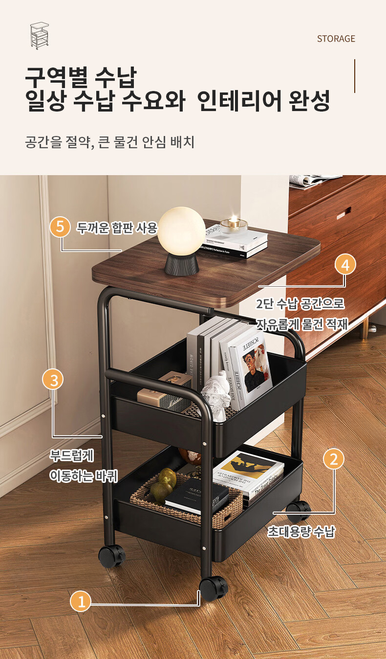 우드상판 철제 이동식 카트 3단 주방 거실 안방 바퀴 트롤리 선반 상세 이미지 3